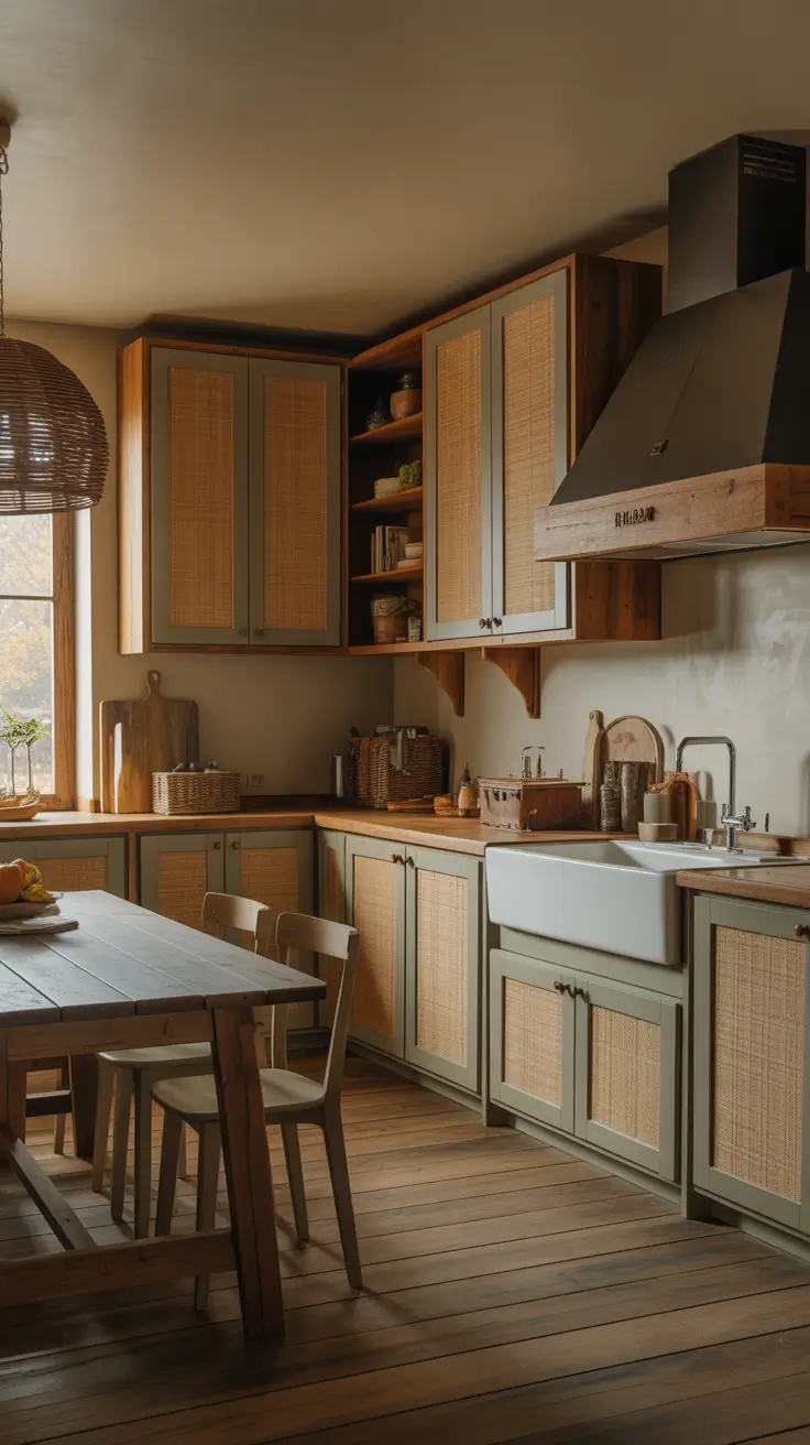 Green Kitchen Ideas 2026 Rustic Olive Green Kitchen Ideas With Woven Cane Details