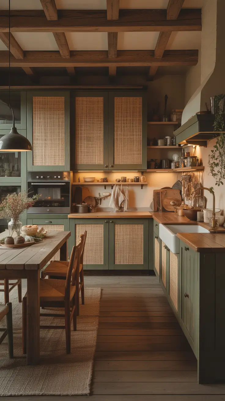 Green Kitchen Ideas 2026 Rustic Olive Green Kitchen Ideas With Woven Cane Details