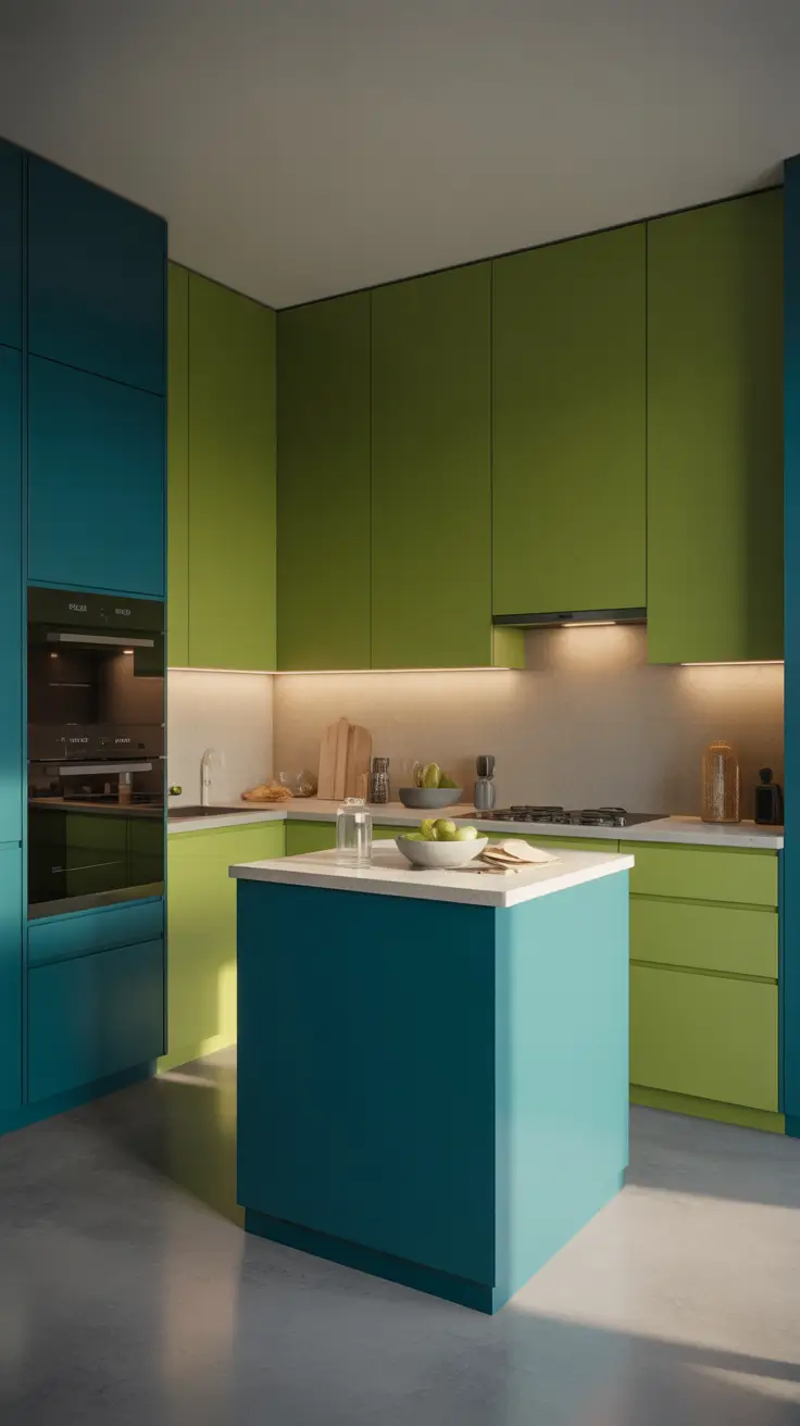 Green Kitchen Ideas 2026 Modern Two-Tone Lime And Teal Green Kitchen Ideas With Fresh Contrast