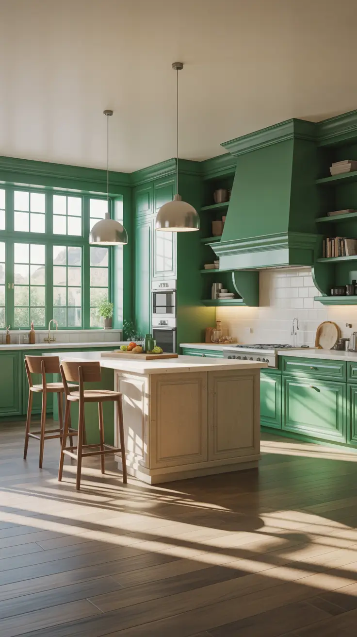 Green Kitchen Ideas 2026 Elegant Green Kitchen Ideas With Island In Emerald And Beige And Wood