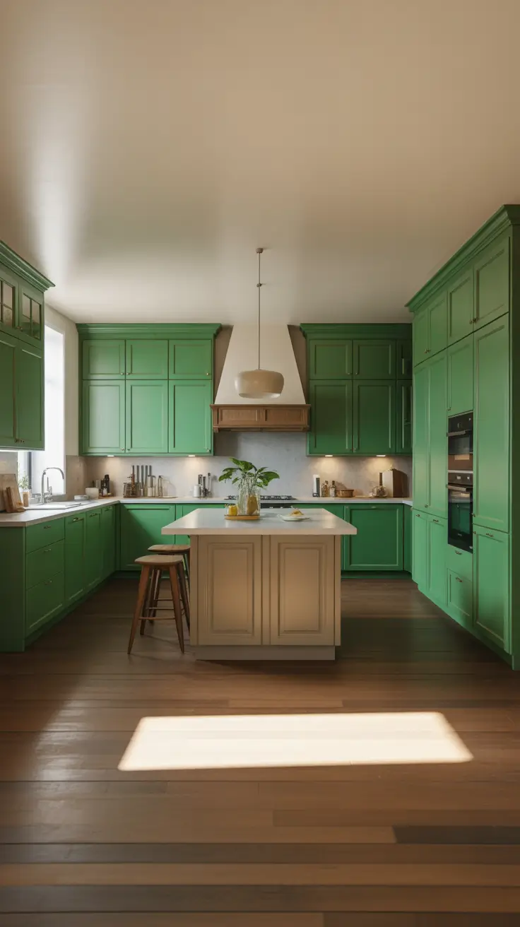 Green Kitchen Ideas 2026 Elegant Green Kitchen Ideas With Island In Emerald And Beige And Wood