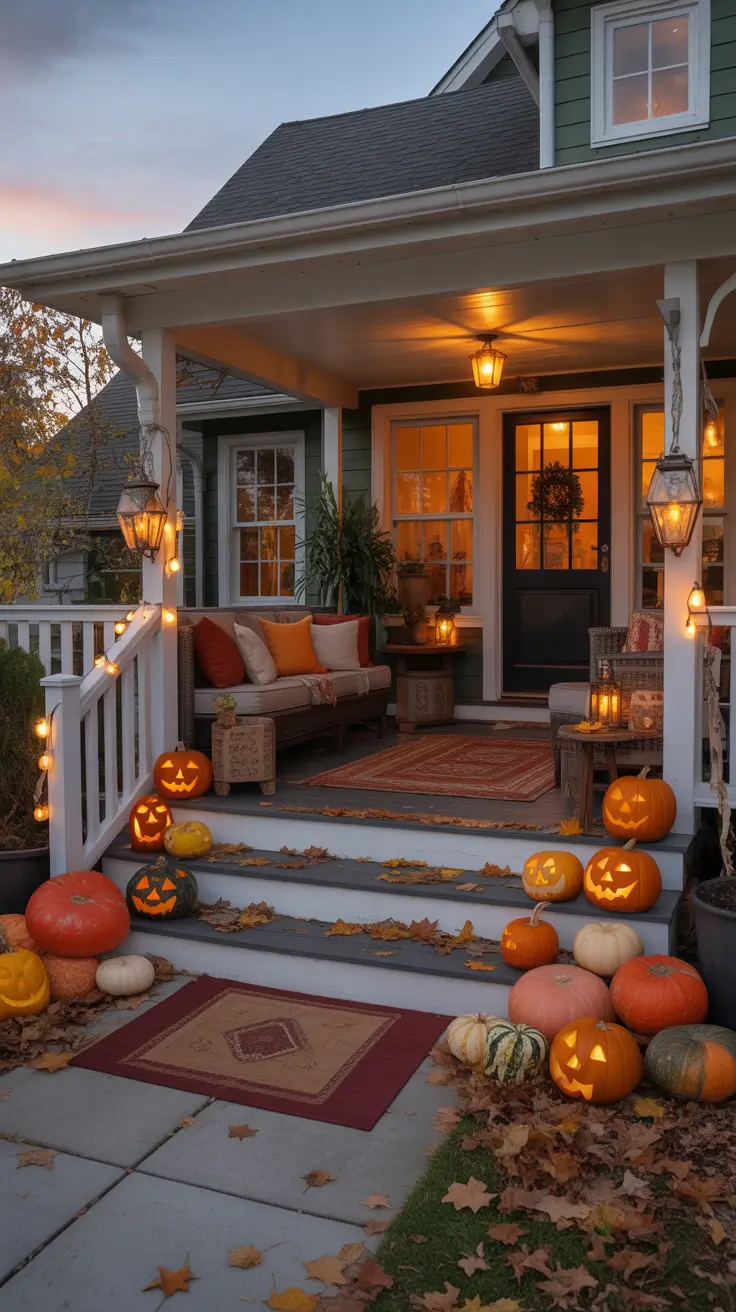 Halloween Decor Ideas Outdoor Front Porch With Warm Evening Lighting