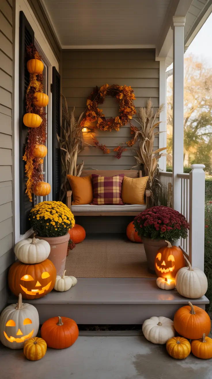 Small Front Porch Fall And Halloween Decor Ideas That Feel Spacious