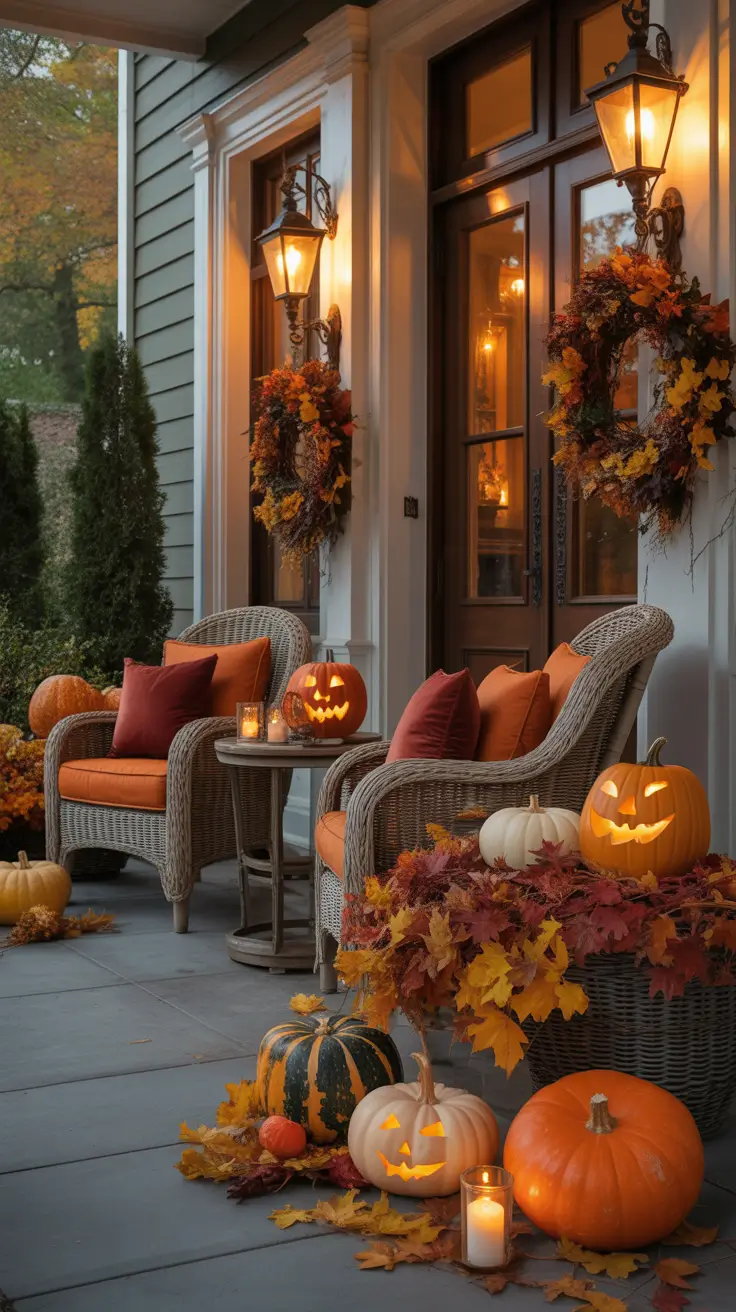 Warm Autumn Front Porch Halloween Decor Ideas With Soft Glow