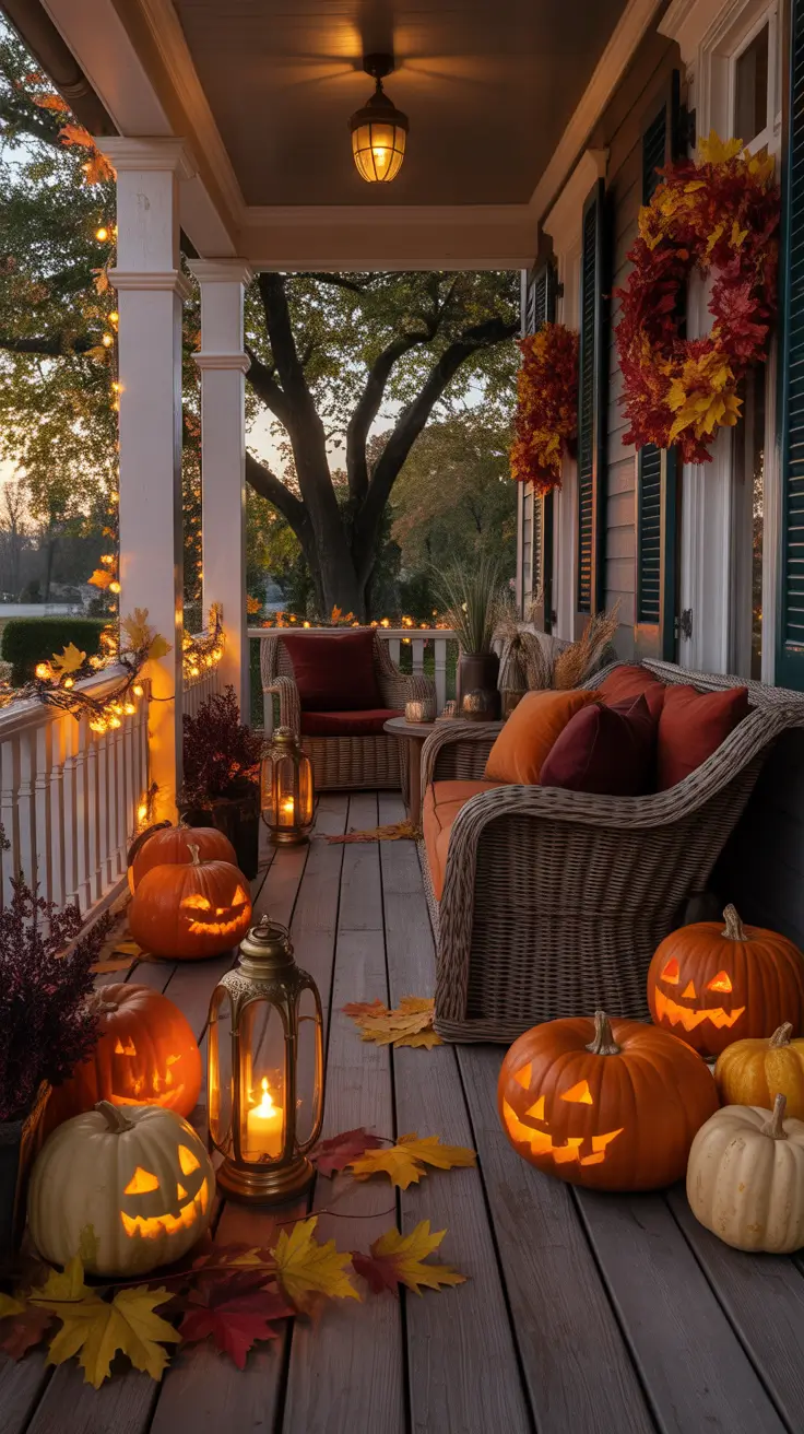 Warm Autumn Front Porch Halloween Decor Ideas With Soft Glow