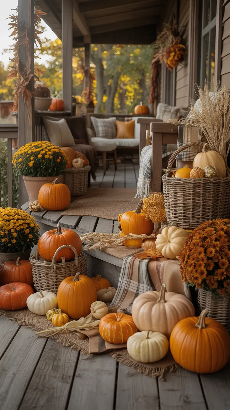 Harvest-Inspired Front Porch Halloween Decor Ideas With Cozy Seating