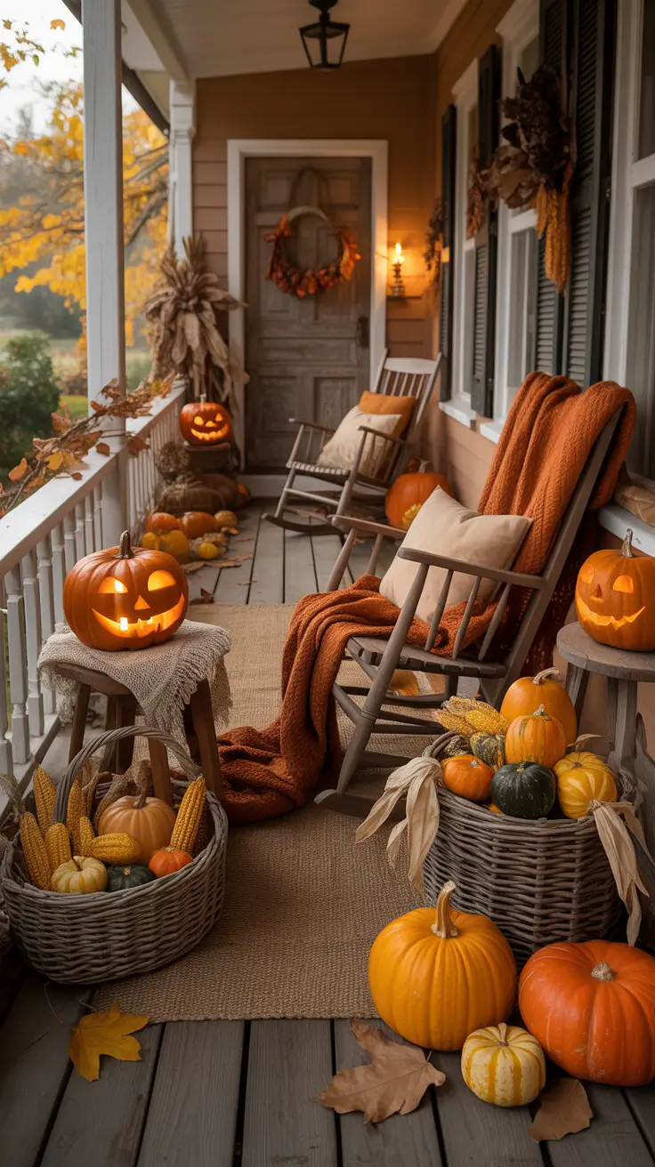 Harvest-Inspired Front Porch Halloween Decor Ideas With Cozy Seating