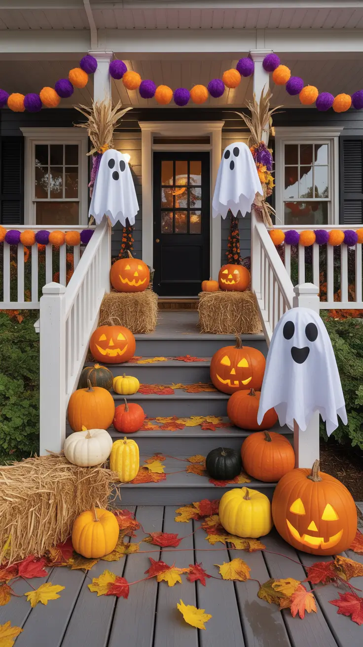 Playful Classic Front Porch Halloween Decor Ideas With Ghosts and Color