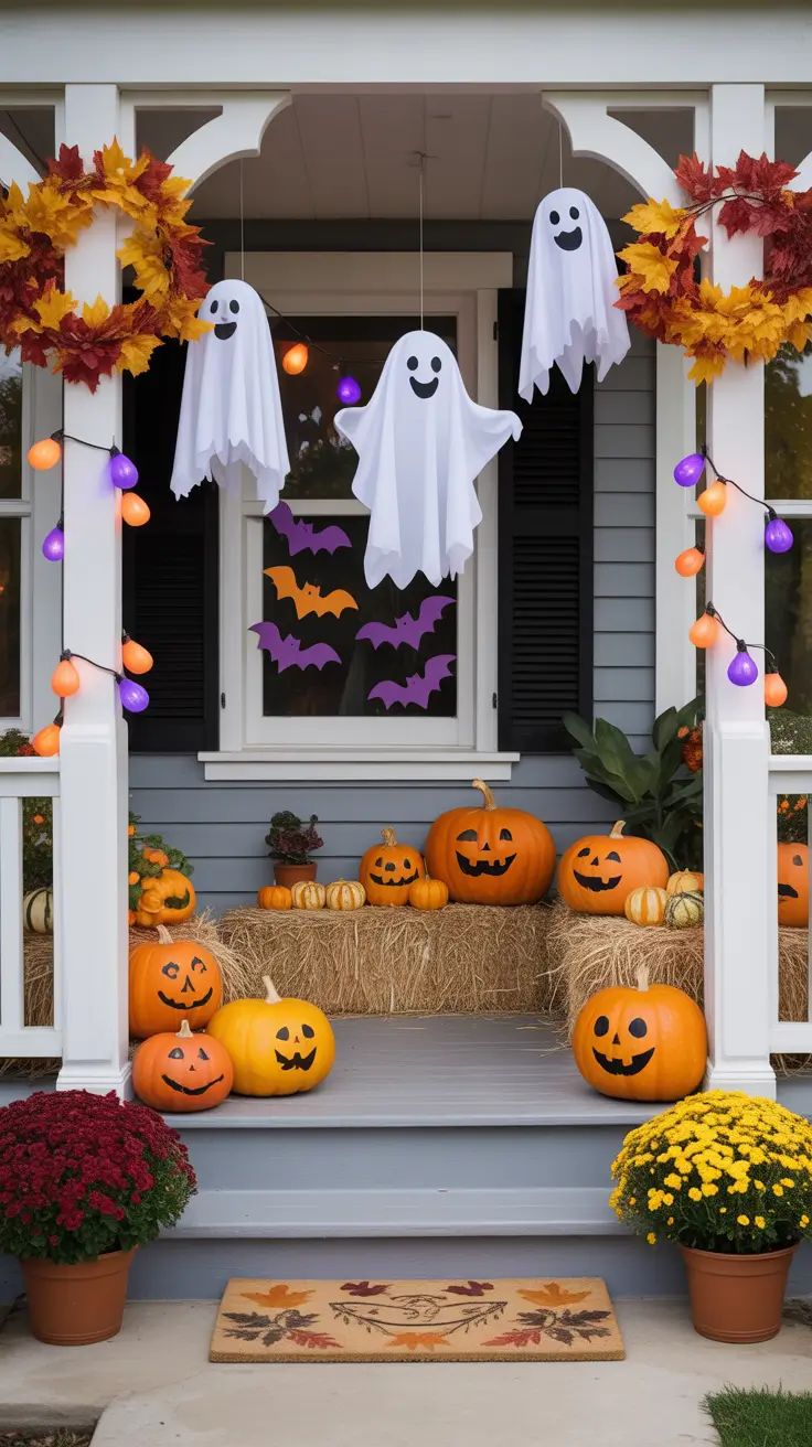 Playful Classic Front Porch Halloween Decor Ideas With Ghosts and Color