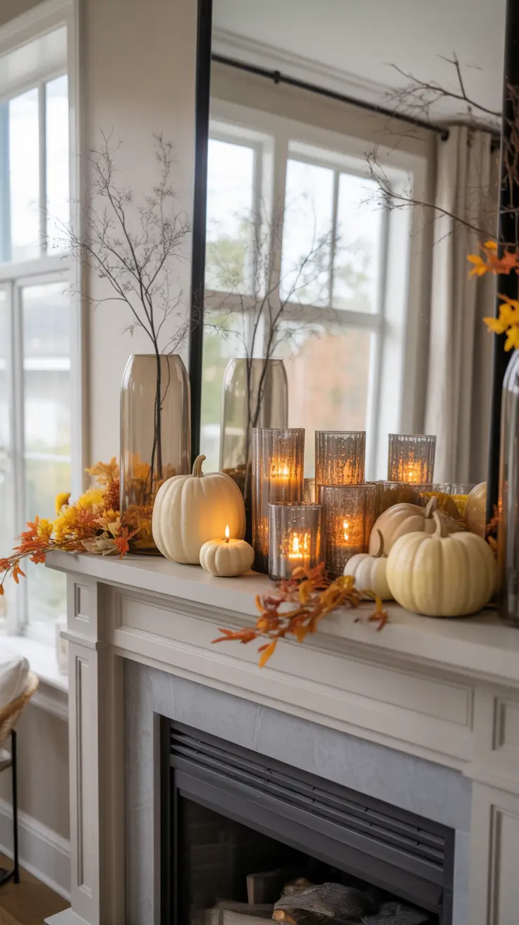 Halloween Mantle Ideas 2026 Soft Neutral Halloween Mantle Ideas With White Pumpkins and Glass Glow