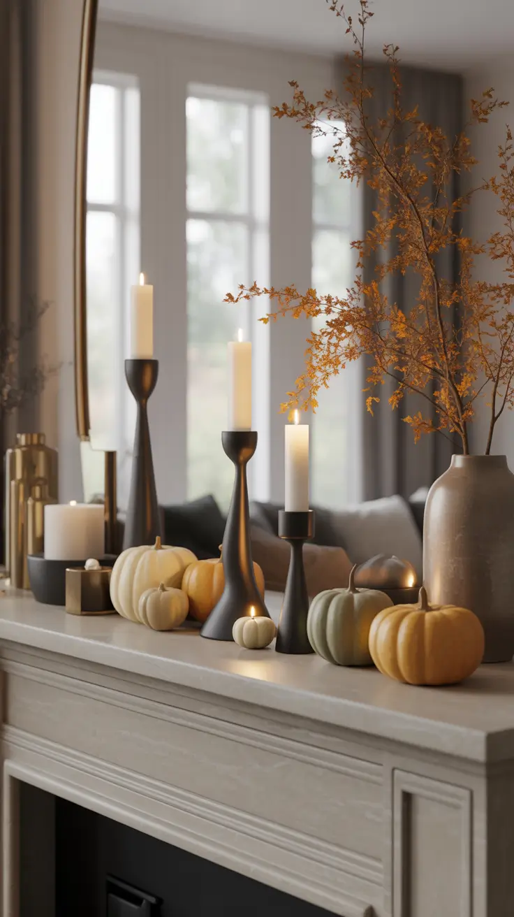 Halloween Mantle Ideas 2026 Soft Neutral Halloween Mantle Ideas With White Pumpkins and Glass Glow