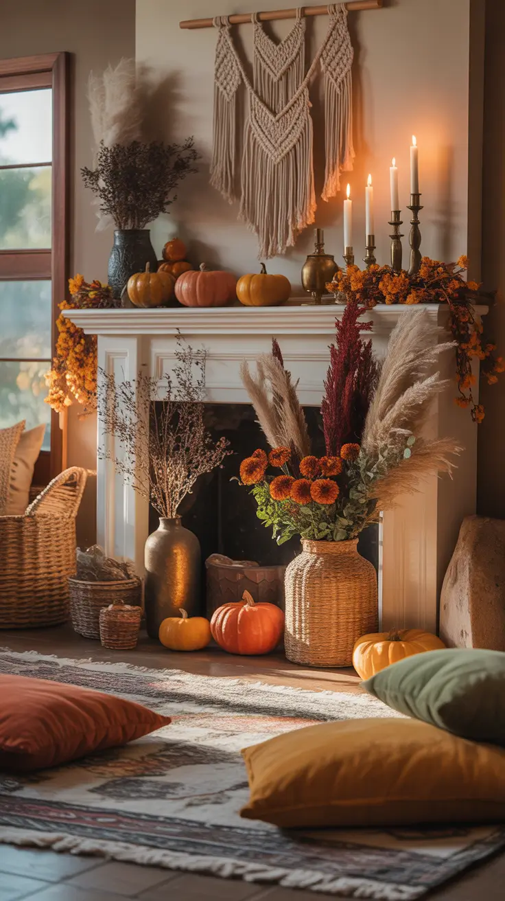 Halloween Mantle Ideas 2026 Cozy Boho Halloween Mantle Ideas With Pampas and Warm Textures
