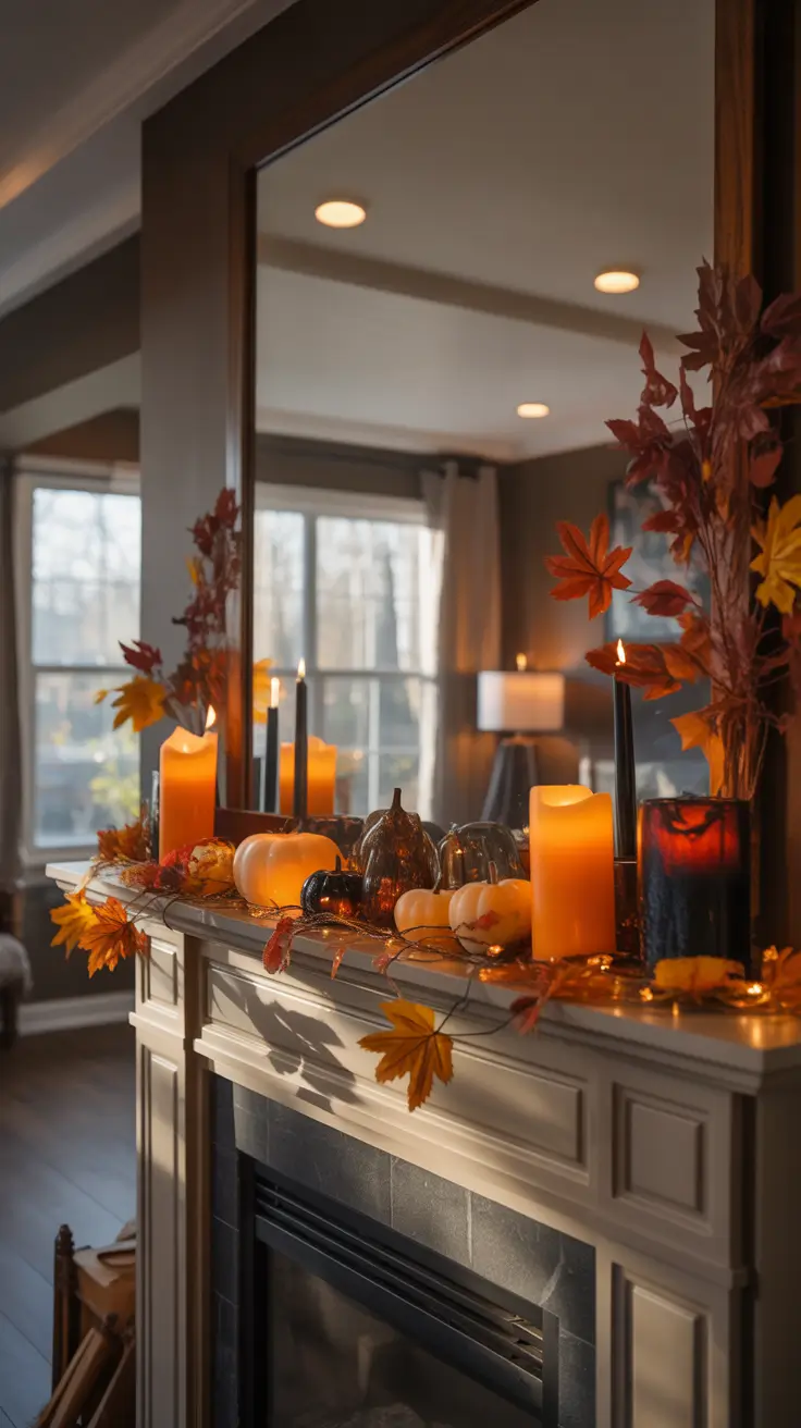 Halloween Mantle Ideas 2026 Warm Ambient Halloween Mantle Ideas With Candlelight and Autumn Leaves