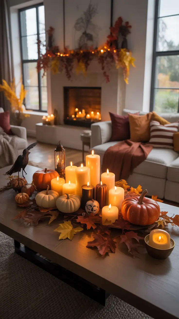 Halloween Mantle Ideas 2026 Warm Ambient Halloween Mantle Ideas With Candlelight and Autumn Leaves