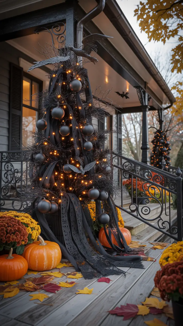 Halloween Tree Ideas 2026 Gothic Halloween Tree With Black Ornaments And Moody Lights