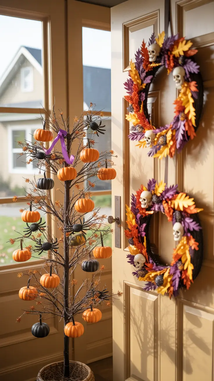 Halloween Tree Ideas 2026 Entryway Halloween Tree With Pumpkins And Spiders