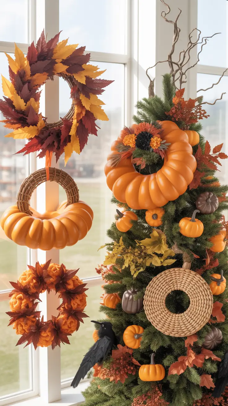 Halloween Tree Ideas 2026 Pumpkin Wreath Halloween Tree With Fall Decor