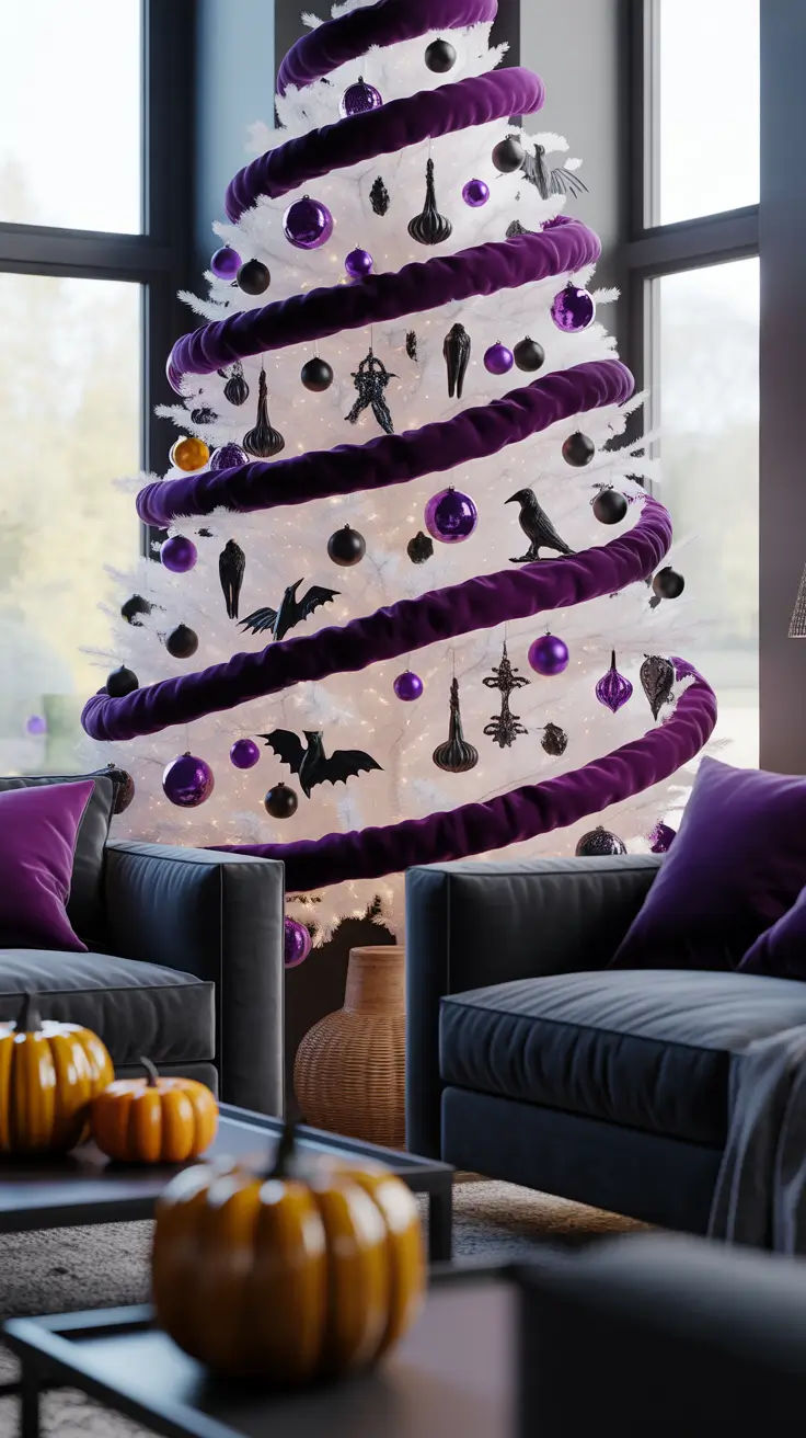 Halloween Tree Ideas 2026 Halloween White Christmas Tree Ideas With Black And Purple Accents