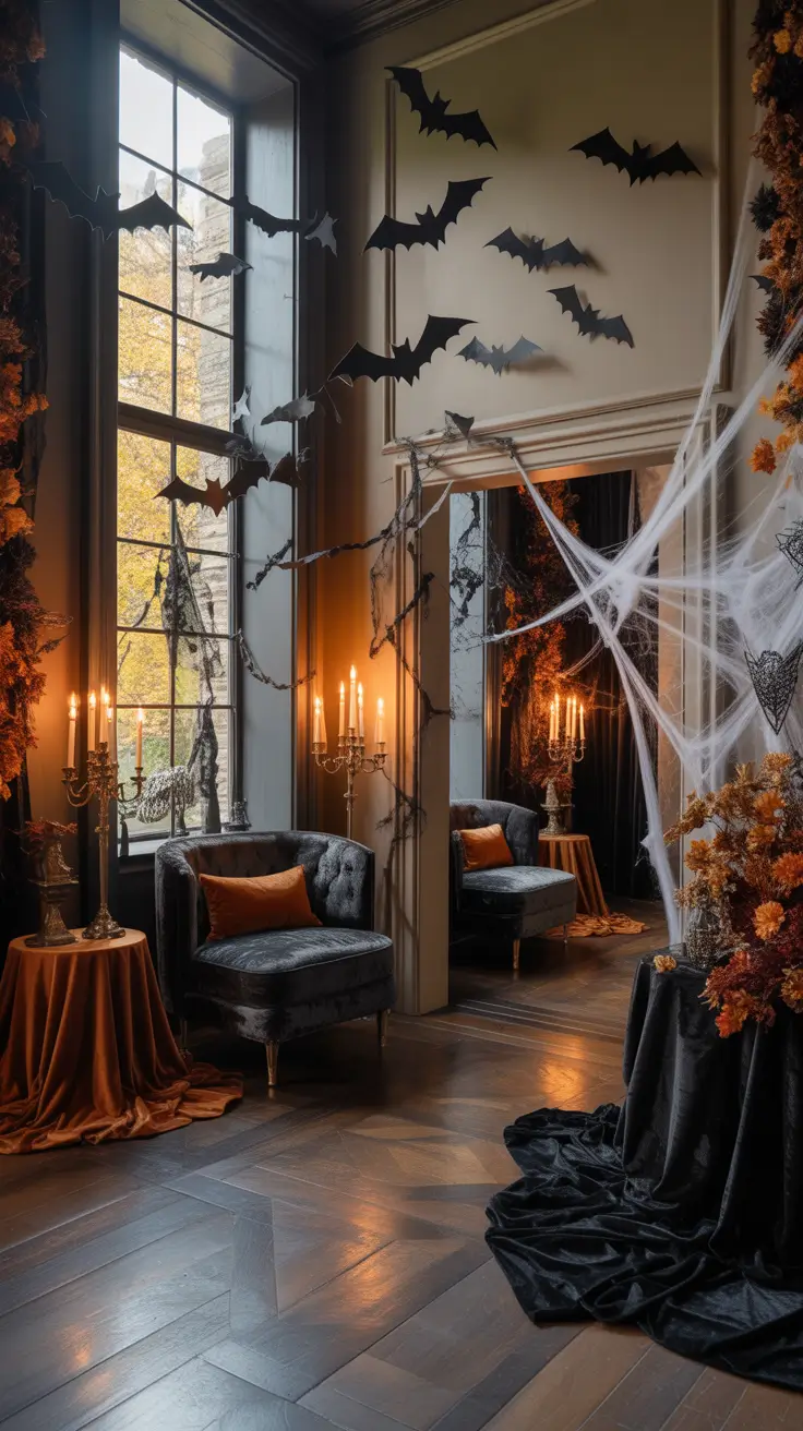 Indoor Halloween Decor Ideas Spooky Accents With Bats And Spider Web Style