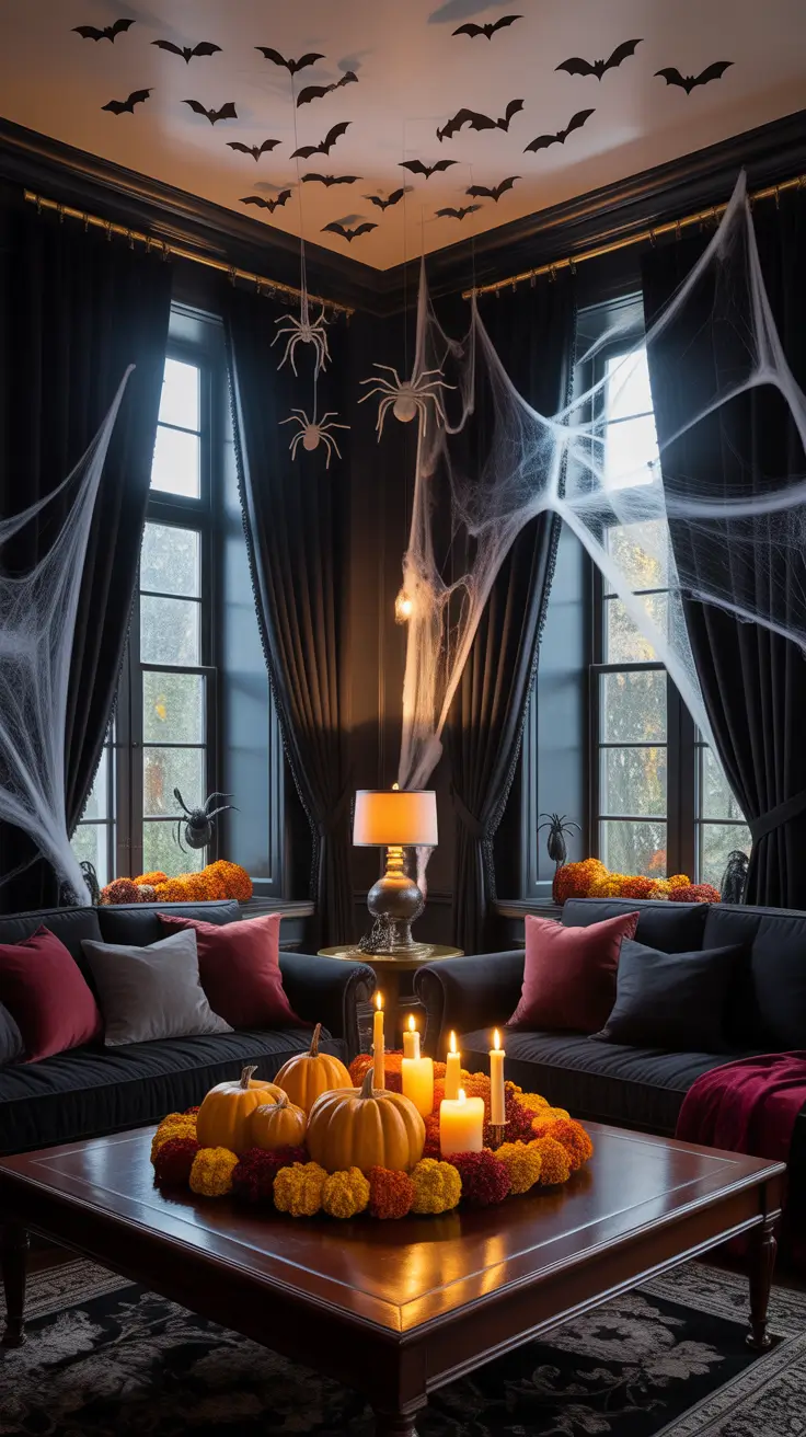 Indoor Halloween Decor Ideas Spooky Accents With Bats And Spider Web Style
