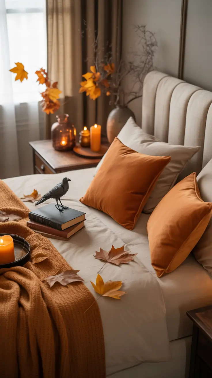 Bedroom Indoor Halloween Decor Ideas With Soft Lighting And Texture