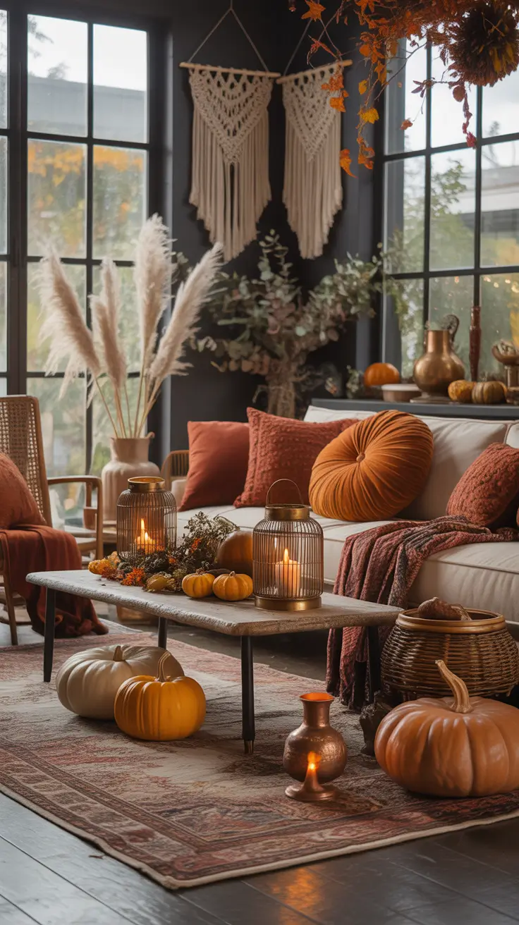 Cozy Boho Indoor Halloween Decor Ideas with Soft Autumn Layers