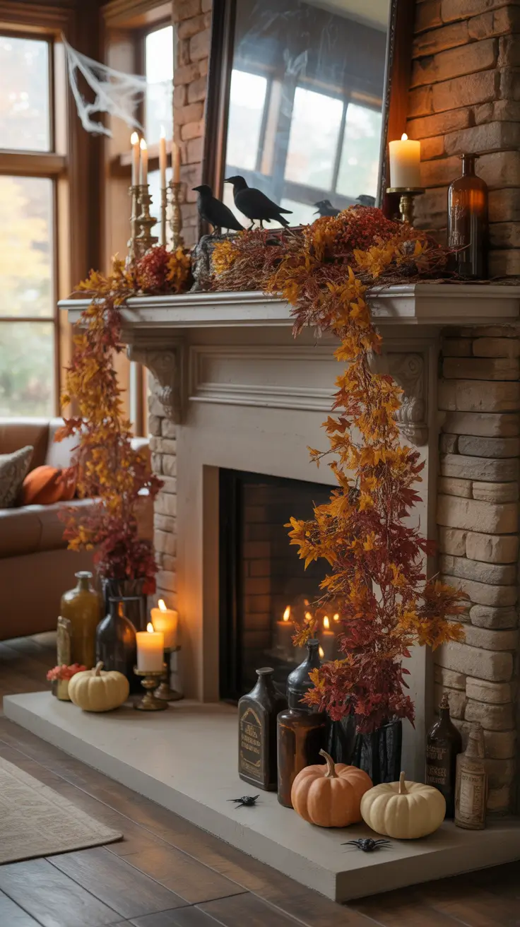 Moody Mantel Indoor Halloween Decor Ideas With Old World Drama