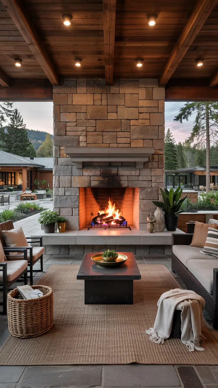 indoor - outdoor living room 2026 Indoor–Outdoor Living Room Fireplace As A Visual Centerpiece