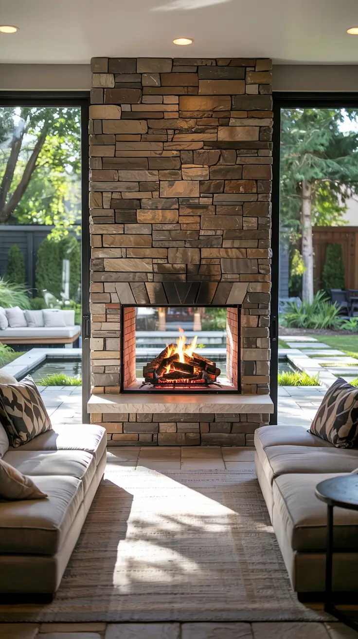 indoor - outdoor living room 2026 Indoor–Outdoor Living Room Fireplace As A Visual Centerpiece