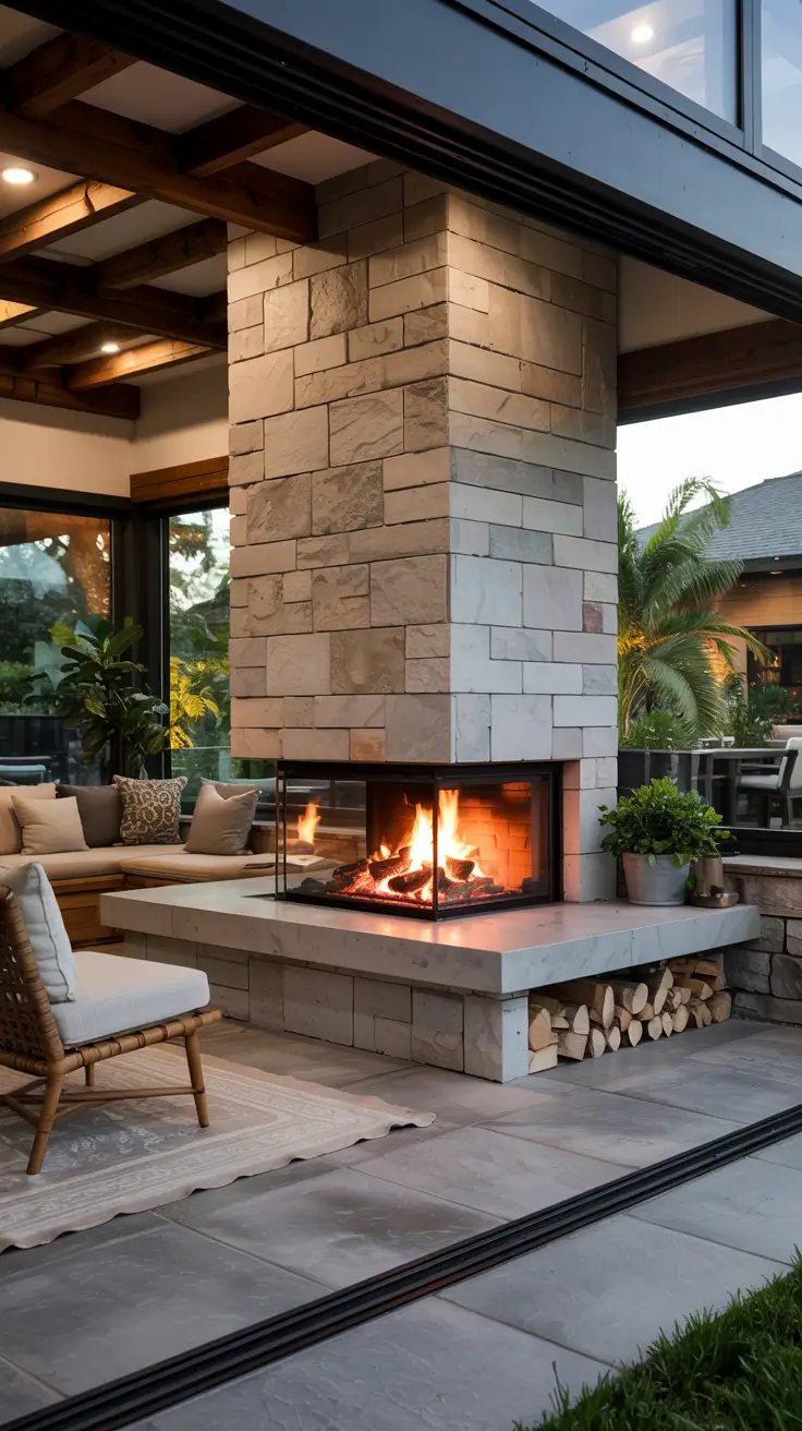 indoor - outdoor living room 2026 Double Sided Fireplace Ideas For Indoor–Outdoor Living