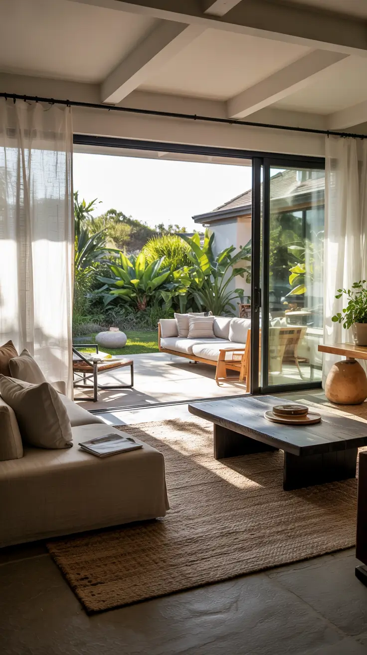 indoor - outdoor living room 2026 Fireplace Evening Design