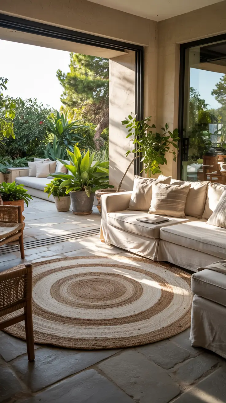 indoor - outdoor living room 2026 Rugs That Anchor Indoor–Outdoor Living Spaces