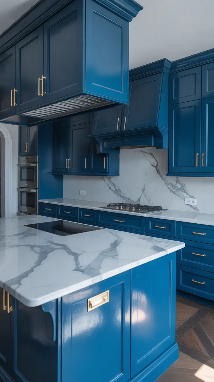 Kitchen Makeover Ideas 2026 Blue Kitchen With Marble Island And Brass Hardware