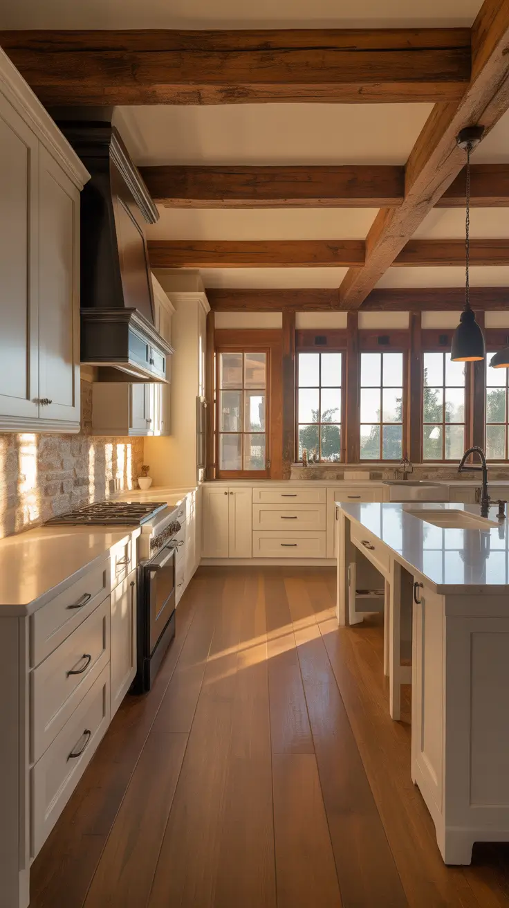 Kitchen Makeover Ideas 2026 Farmhouse Kitchen With Wood Beams And White Cabinets