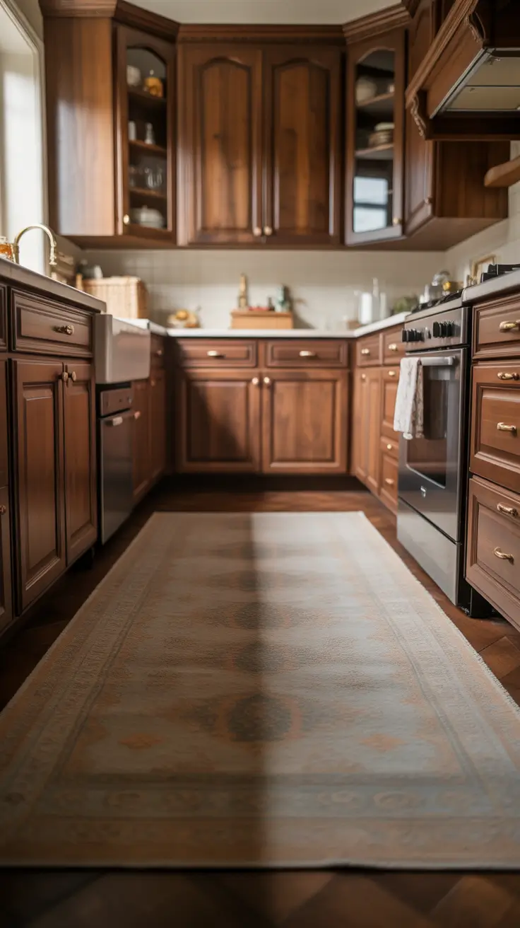 Kitchen Rugs Ideas With Dark Wood Cabinets And Soft Neutral Balance