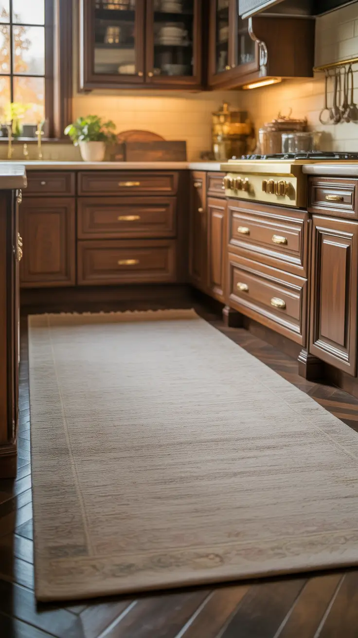 Kitchen Rugs Ideas With Dark Wood Cabinets And Soft Neutral Balance