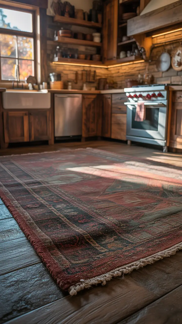 Rustic Kitchen Rugs Ideas With Warm Vintage Colors And Cozy Cabin Mood