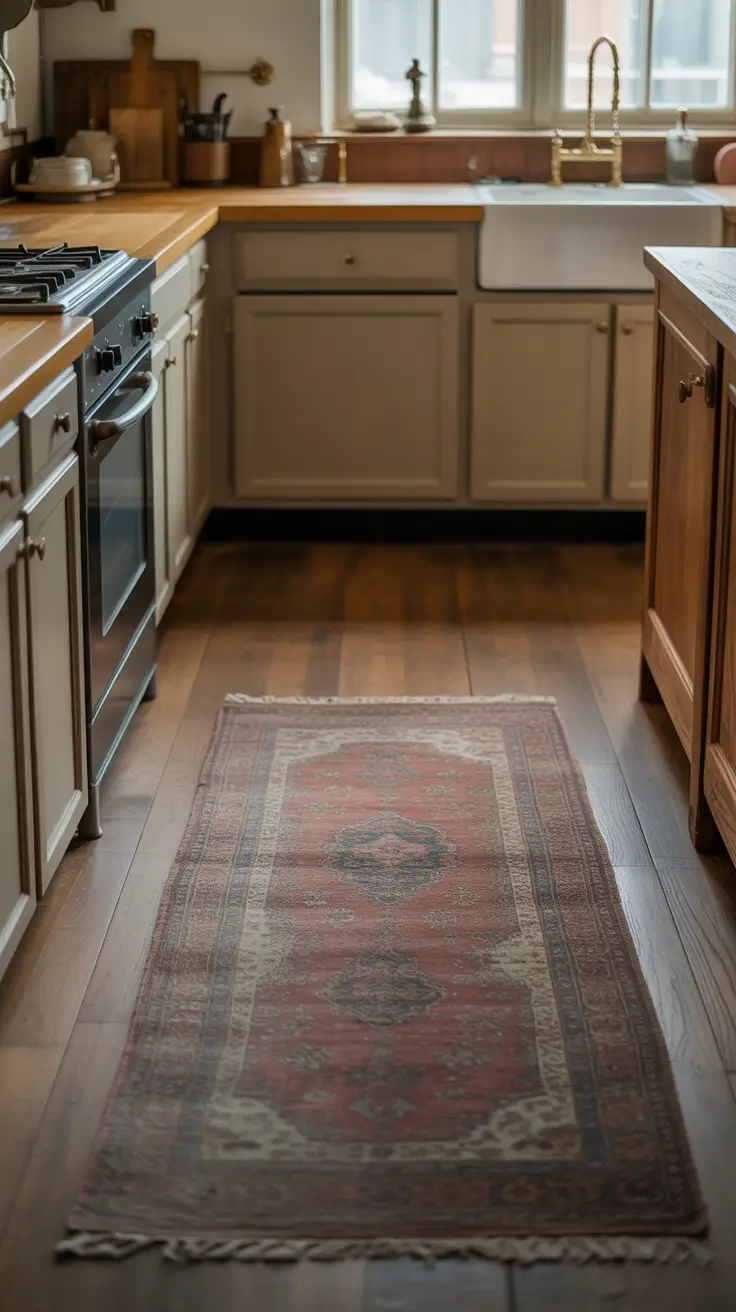 Kitchen Runner Rugs Ideas With Classic Vintage Pattern And Warm Wood Floors