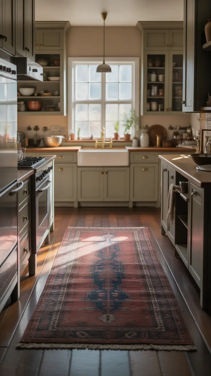 Kitchen Runner Rugs Ideas With Classic Vintage Pattern And Warm Wood Floors