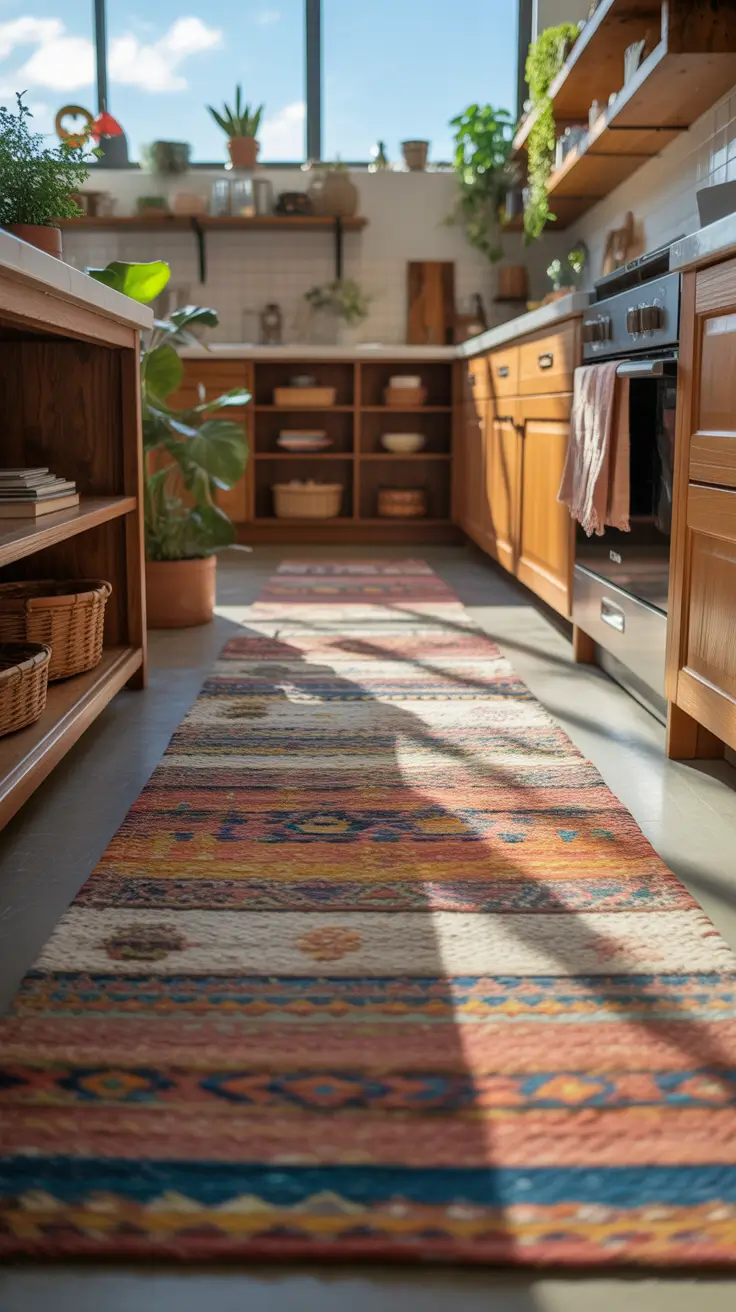 Kitchen Runner Rugs Ideas With Colorful Boho Pattern And Open Shelf Styling