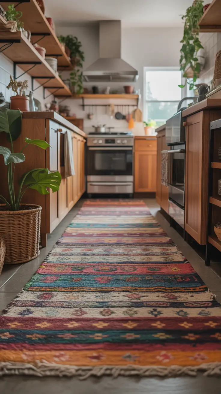 Kitchen Runner Rugs Ideas With Colorful Boho Pattern And Open Shelf Styling