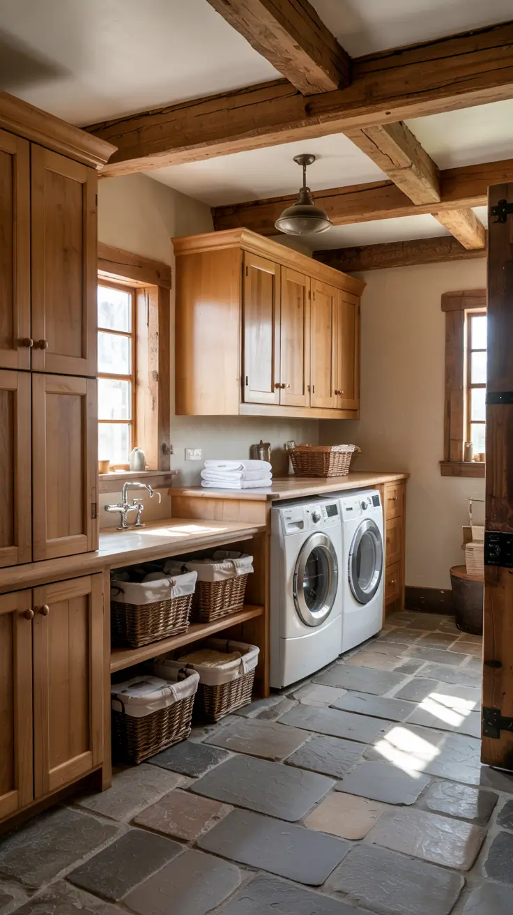 Laundry Room Makeover Ideas 2026 Rustic Laundry Room Makeover Ideas With Exposed Wood Beams And Stone Floors