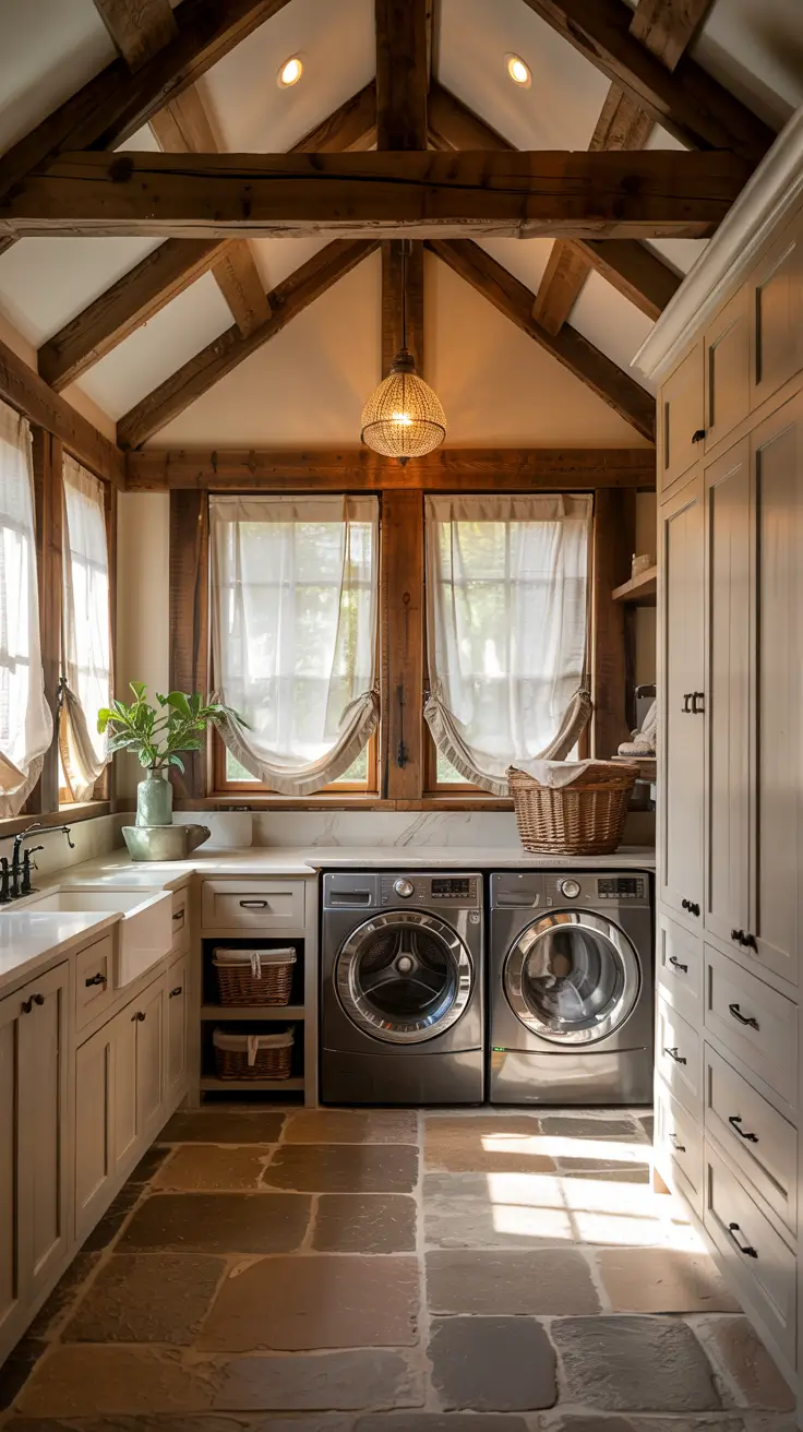 Laundry Room Makeover Ideas 2026 Rustic Laundry Room Makeover Ideas With Exposed Wood Beams And Stone Floors