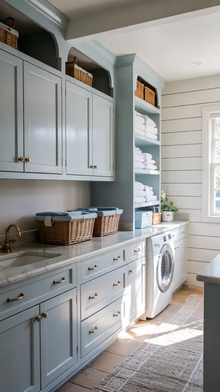Laundry Room Makeover Ideas 2026 Soft Blue Laundry Room Makeover Ideas With Built-In Cabinets And Brass Details