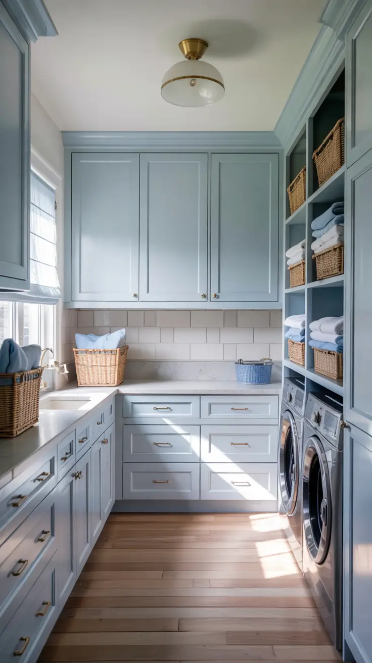 Laundry Room Makeover Ideas 2026 Soft Blue Laundry Room Makeover Ideas With Built-In Cabinets And Brass Details