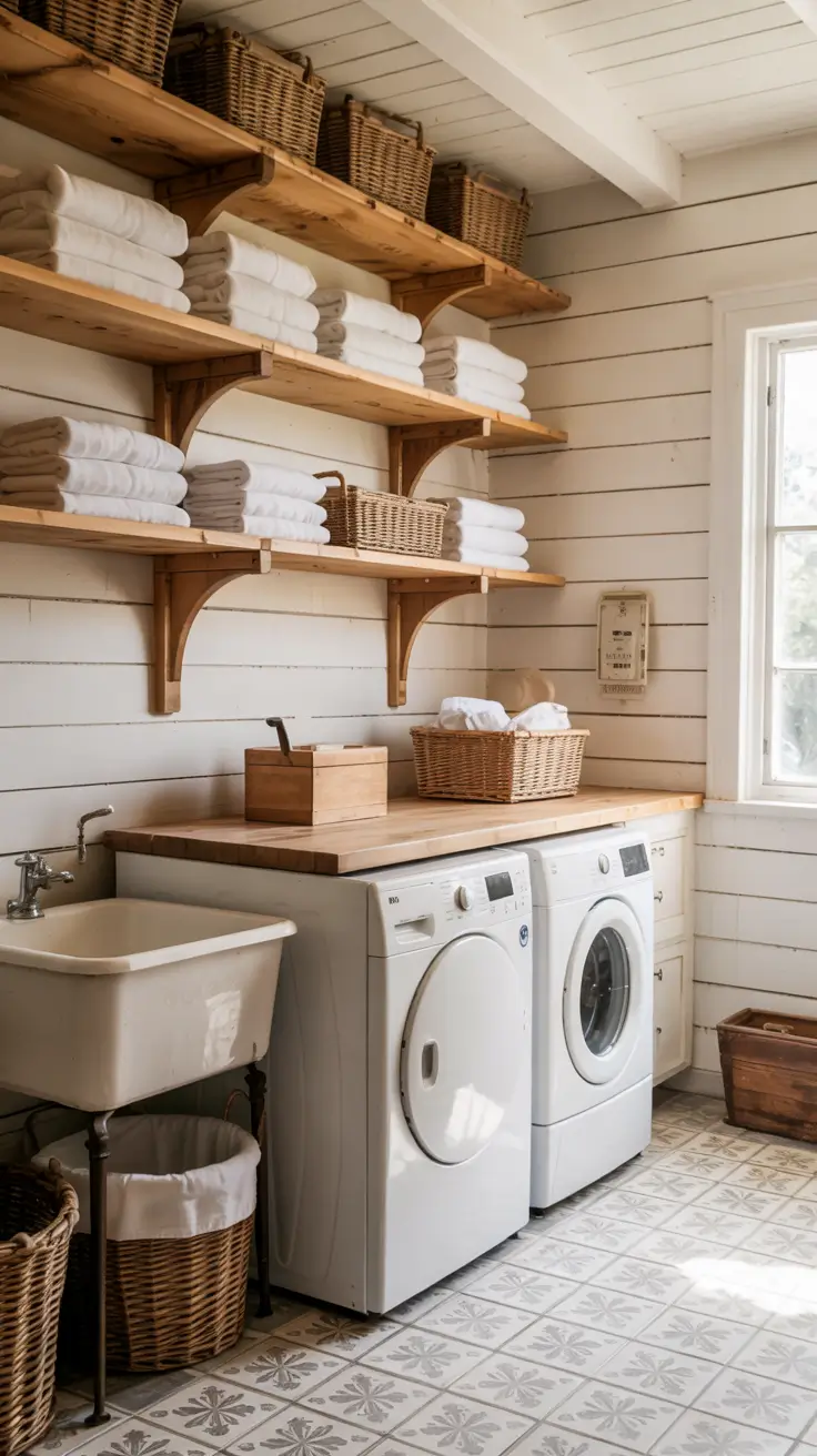 Laundry Room Makeover Ideas 2026 Farmhouse Open Shelving Laundry Room Makeover Ideas With Natural Wood Accents