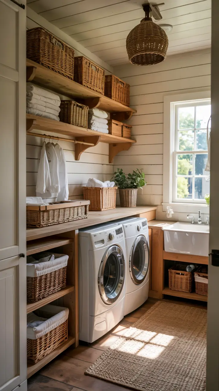 Laundry Room Makeover Ideas 2026 Farmhouse Open Shelving Laundry Room Makeover Ideas With Natural Wood Accents
