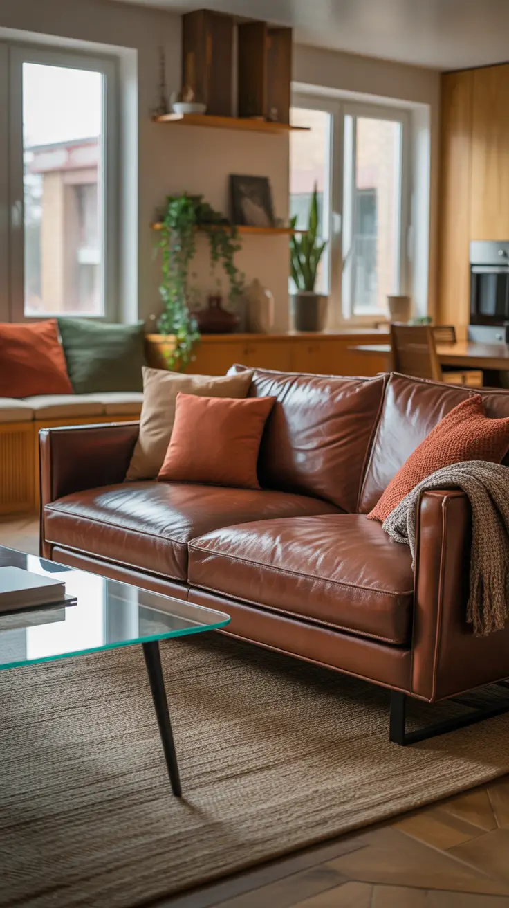 Living Room Inspo 2026 Small Apartment Layout With Leather Sofa