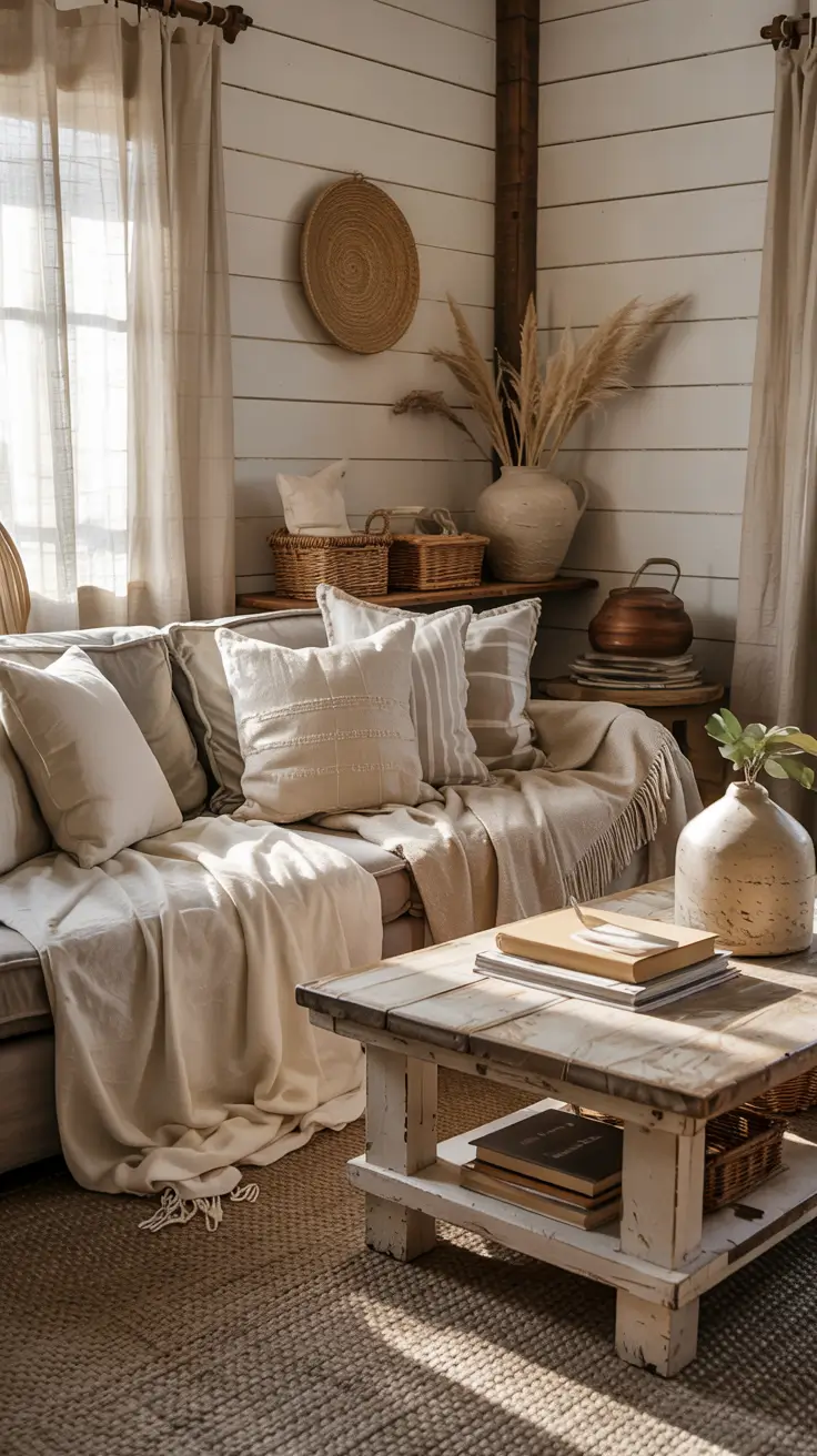 Living Room Makeover Ideas 2026 Neutral Farmhouse Style