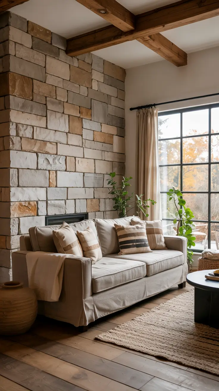 Living Room Makeover Ideas 2026 Rustic Stone Fireplace Design